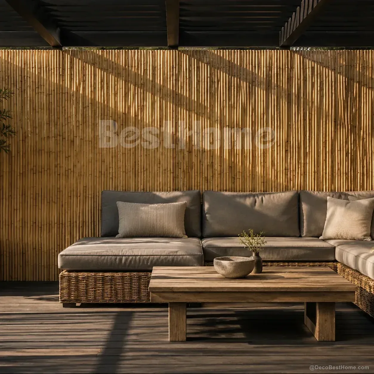 A tropical garden with a natural bamboo privacy fence