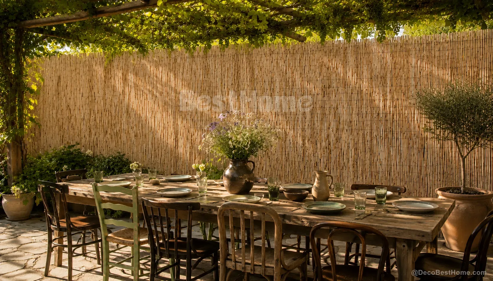 Japanese-style reed fence with bamboo